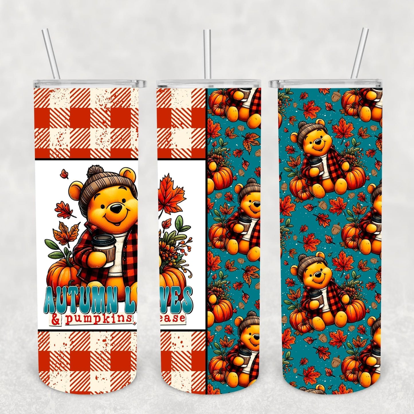 Autumn Leaves and Pumpkins Please Pooh 20 oz Skinny Sublimation Tumbler