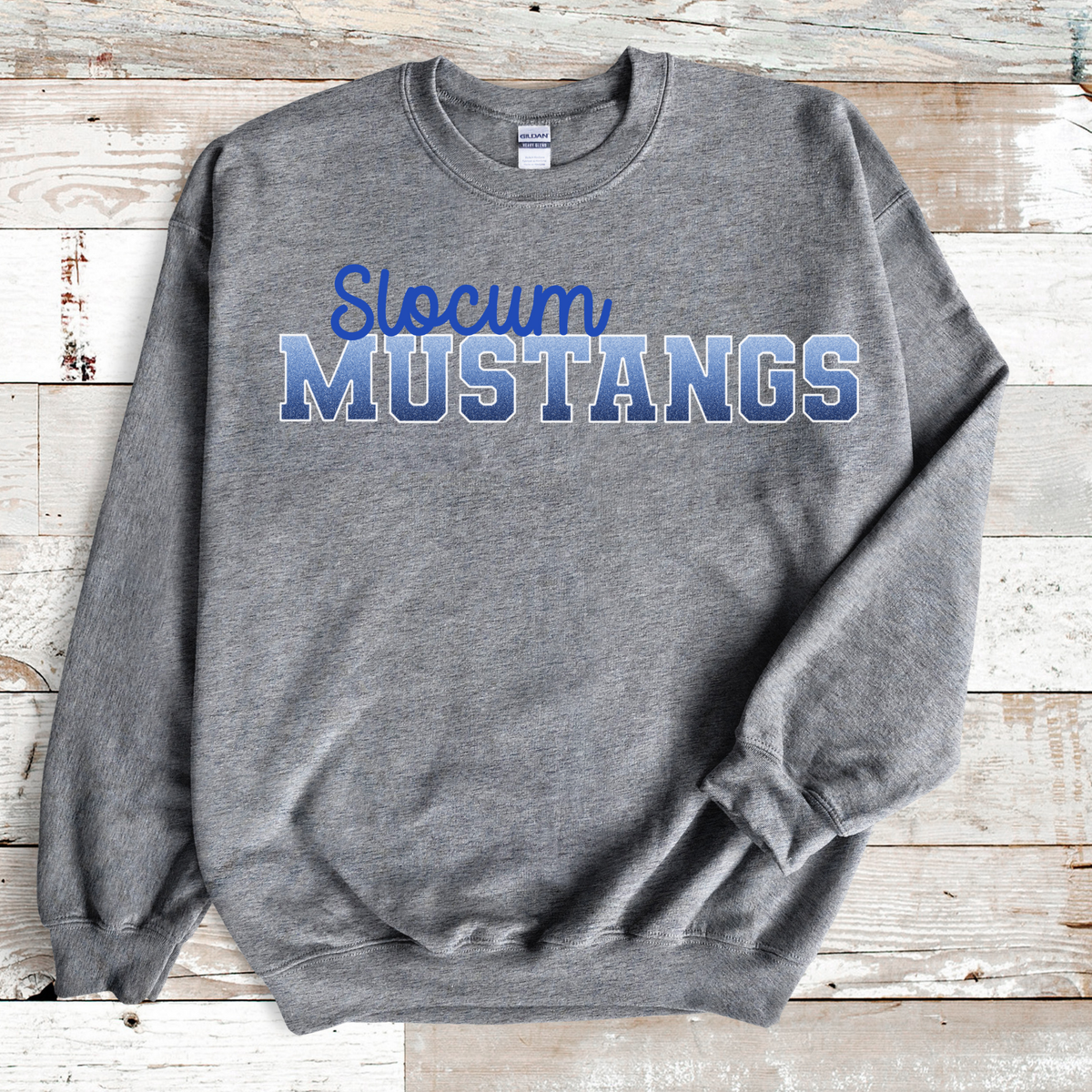 Slocum Mustangs in Faux Ombre Blue Glitter with Blue Font