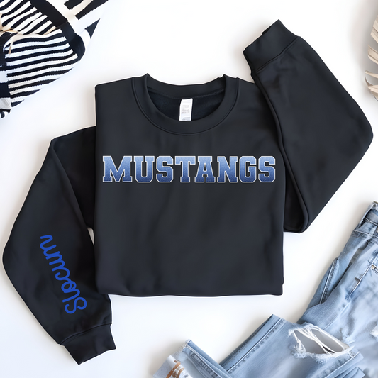Mustangs Faux Blue Ombre Glitter White Outline with Slocum Sleeve Print