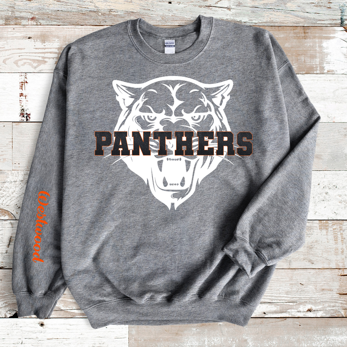 Panthers in Faux Black Glitter with Panther Head in Background- Westwood on Sleeve