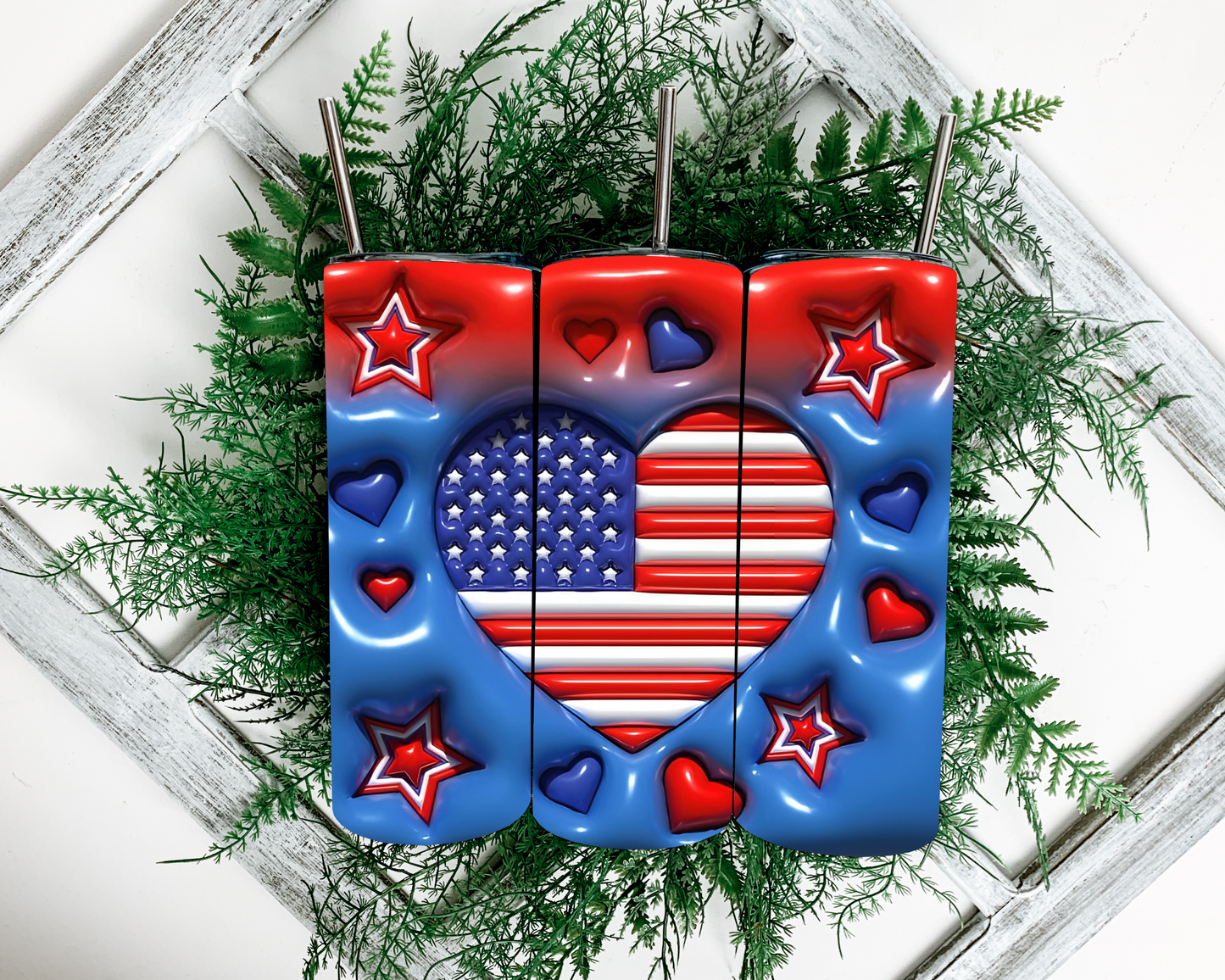 3D Puff Patriotic Heart 20 oz Skinny Sublimation Tumbler