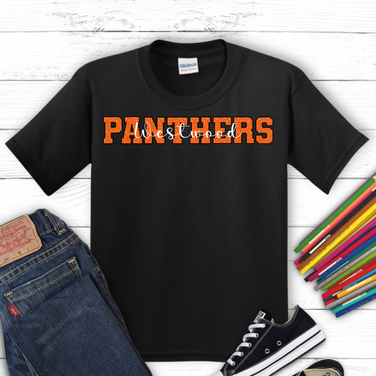 Panthers in Faux Orange Sequin with Westwood White Overlay