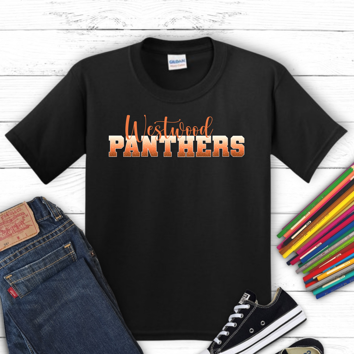 Panthers in Ombre Orange Faux Glitter with White Outline/ Westwood in Orange Font
