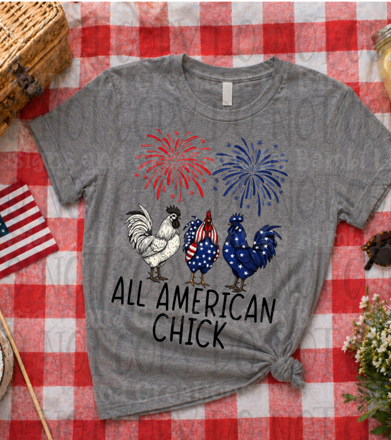 All American Chick with Trio of Chickens Patriotic