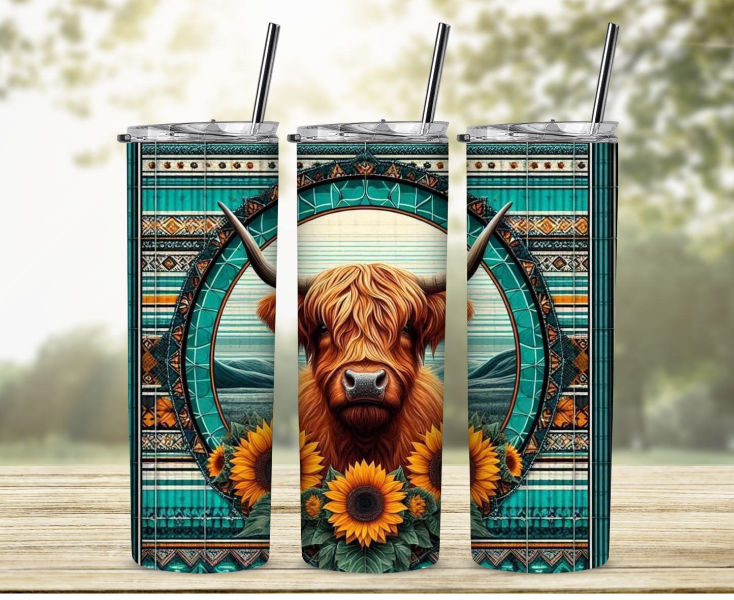 Aztec and Boho Highland Cow 20 oz Skinny Sublimation Tumbler