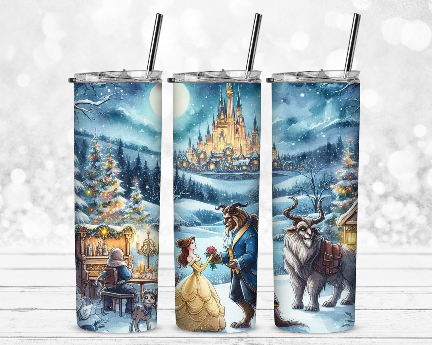 Beauty and Beast Christmas 20 oz Skinny Sublimation Tumbler