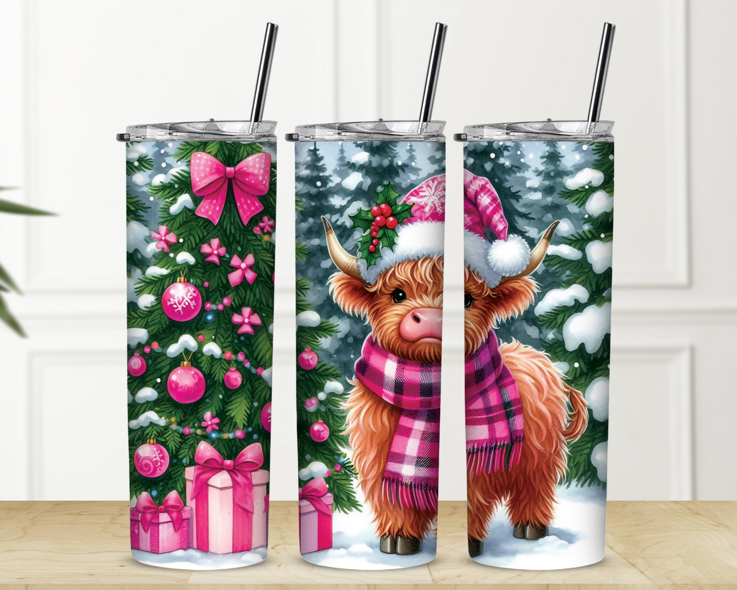 Brown and Pink Highland Cow Christmas 20 oz Skinny Sublimation Tumbler