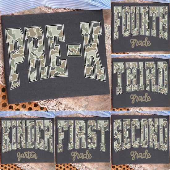 Camo Grade in Varsity Font School Collection