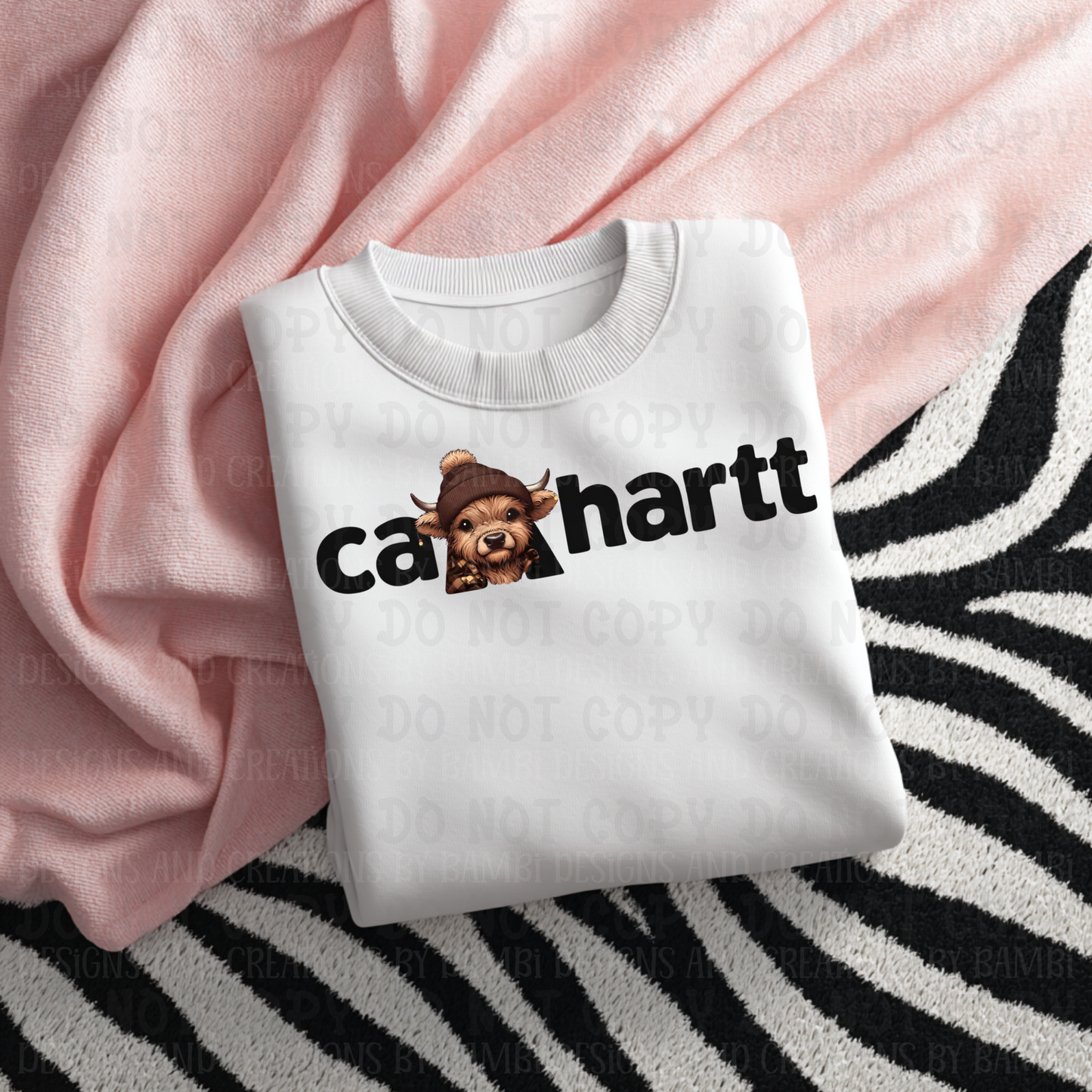 Carhartt in Black Font with Brown Highland Cow