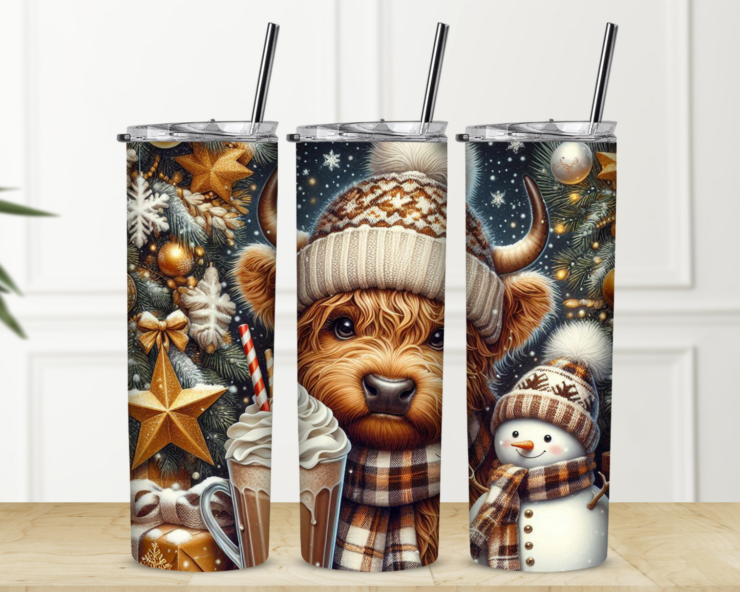 Christmas Highland Boho Cow 20 oz Skinny Sublimation Tumbler