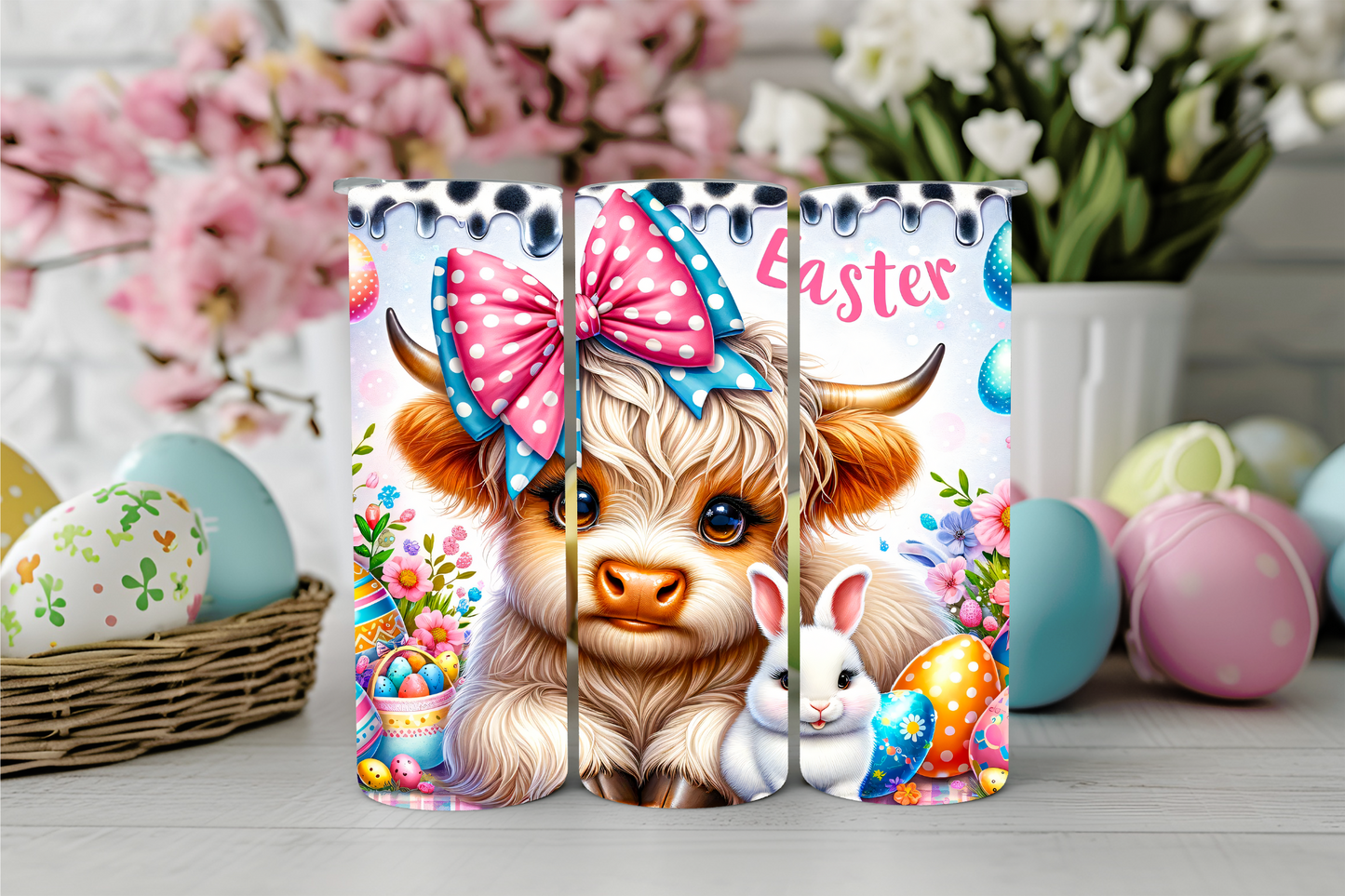 Easter Highland Cow with Pink Bow 20oz Sublimation Tumbler