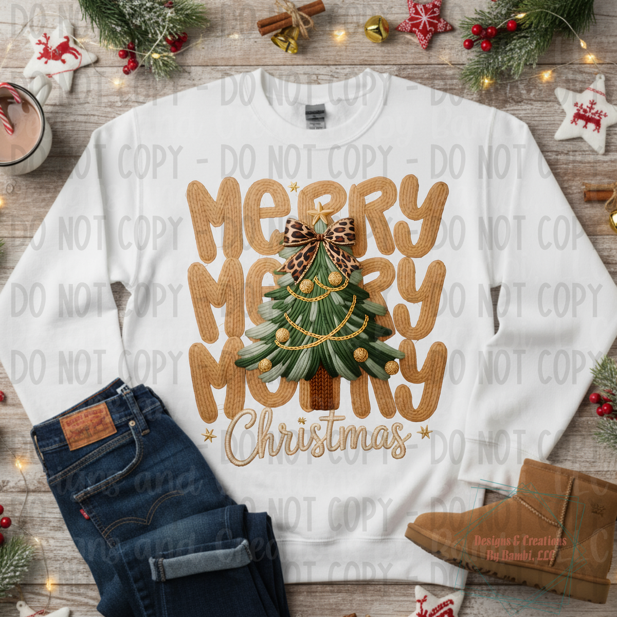 Faux Knit Stacked Merry with Leopard and Tree