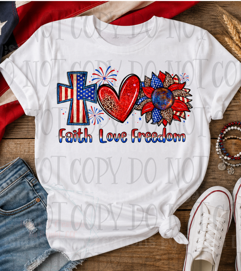 Faith Love Freedom with Cross and Sunflower