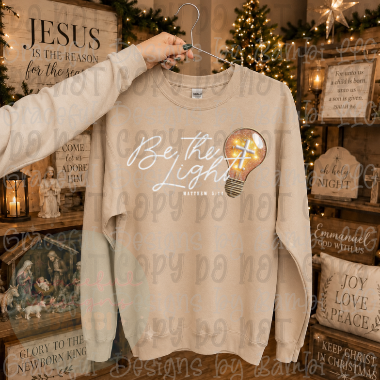 Faux Embroidered Be The Light Matthew 5:14 White Font
