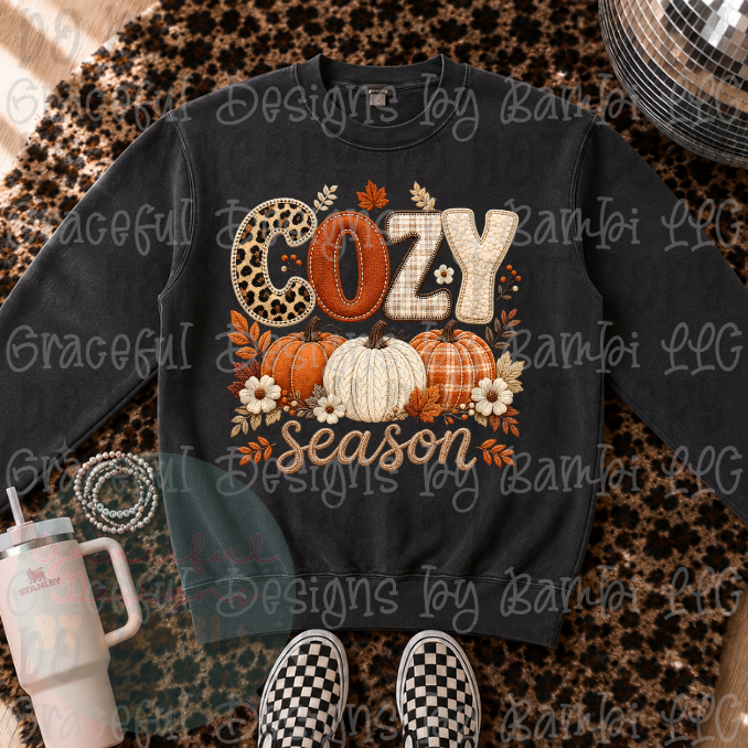 Faux Embroidered Cozy Season with Trio of Pumpkins