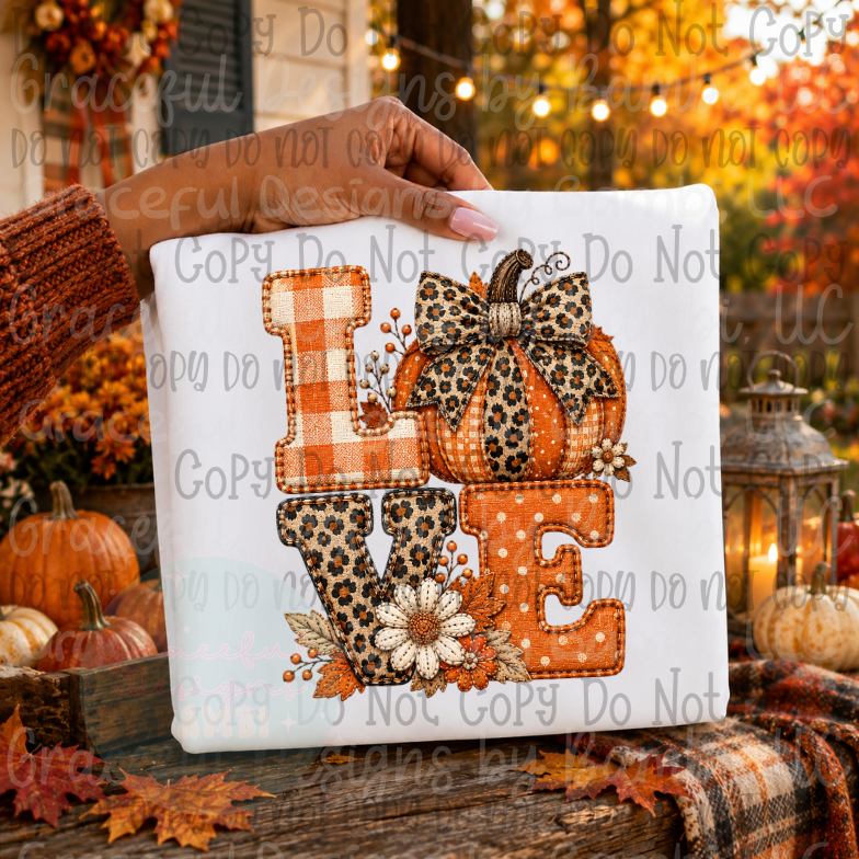 Faux Embroidered LOVE with Pumpkins and Leopard