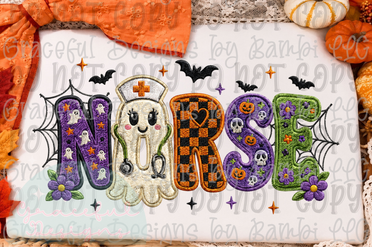 Faux Embroidered Spooky Nurse with Bats Version 2