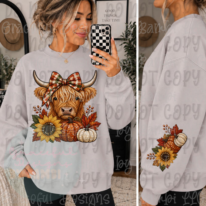 Faux Embroidered/Sequin Fall Highland Cow (Front/Sleeve)