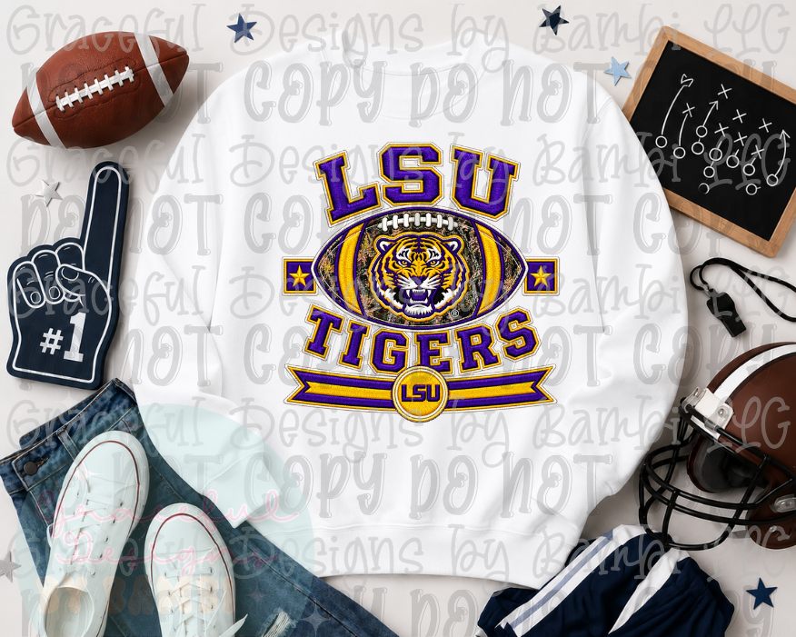 Faux Embroidery Camo Football LSU