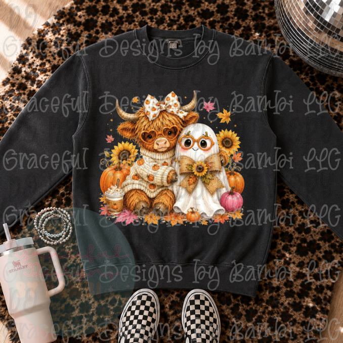 Faux Embroidery Highland Cow and Ghost Fall Themed