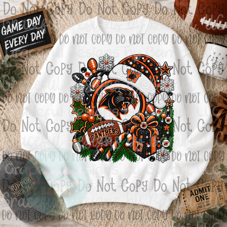 Faux Embroidery/Sequin Panther Football Christmas