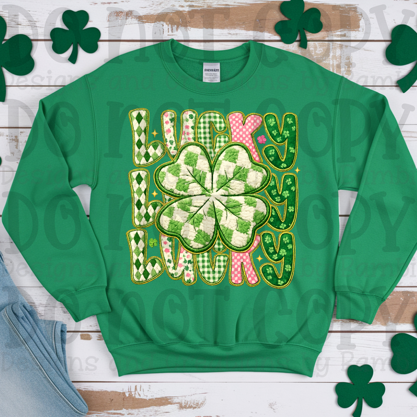 Faux Embroidery Stacked Lucky with Large Shamrock