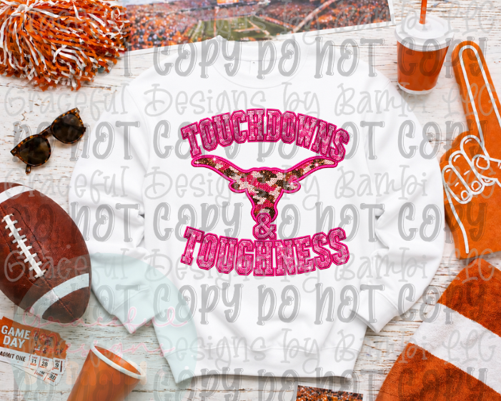 Faux Embroidery/Sequin Longhorns Toughness Pink