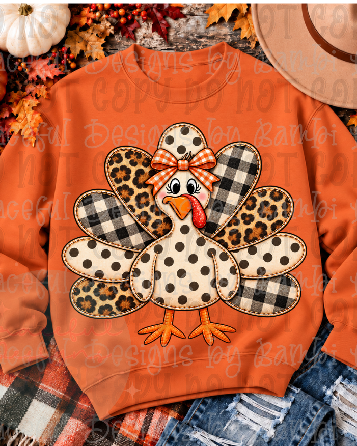 Faux Patchwork Turkey with Gingham Bow