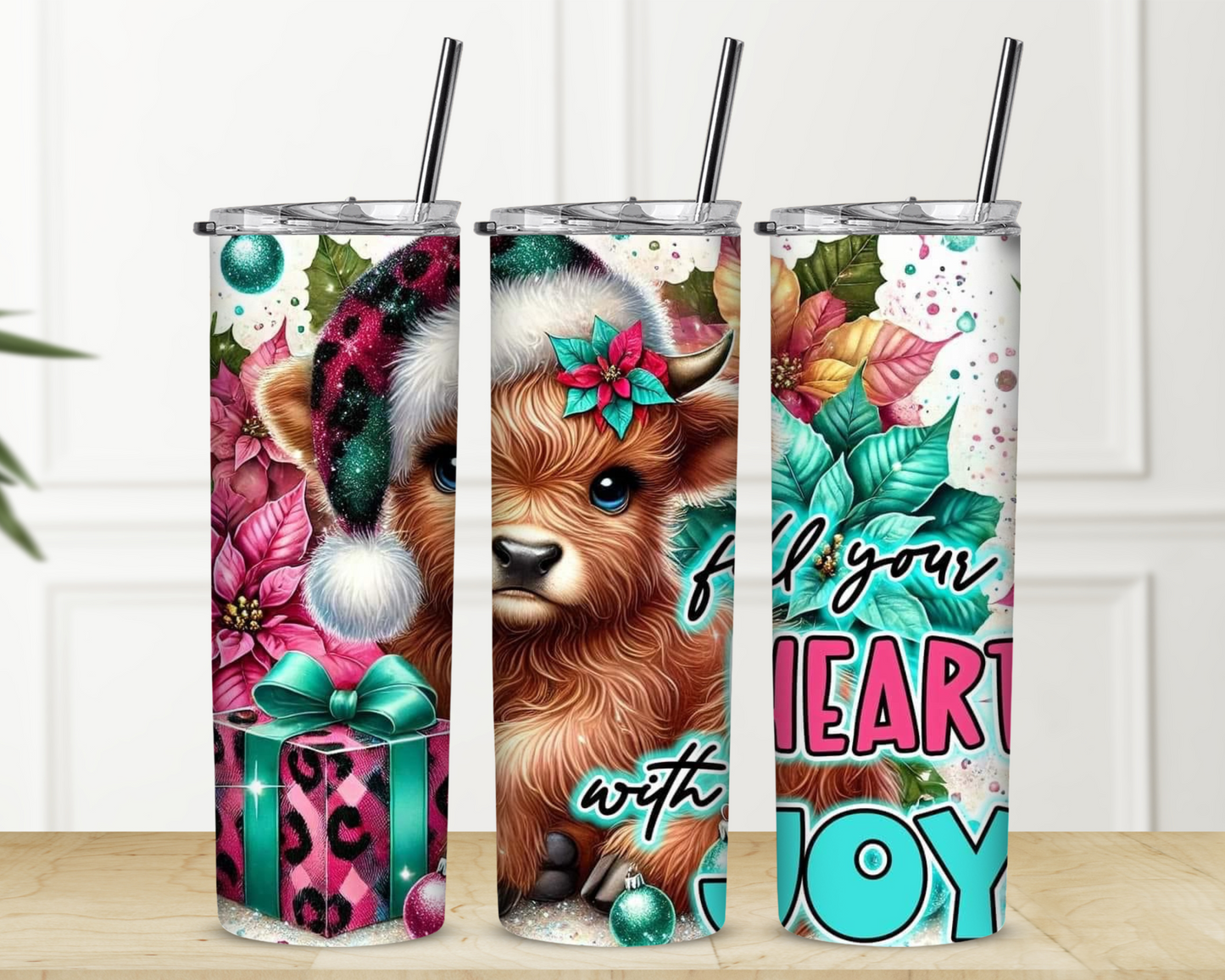 Fill Your Heart with Joy Highland Cow Christmas 20 oz Skinny Sublimation Tumbler