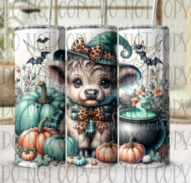 Halloween Witch Highland Cow 20oz Skinny Sublimation Tumbler
