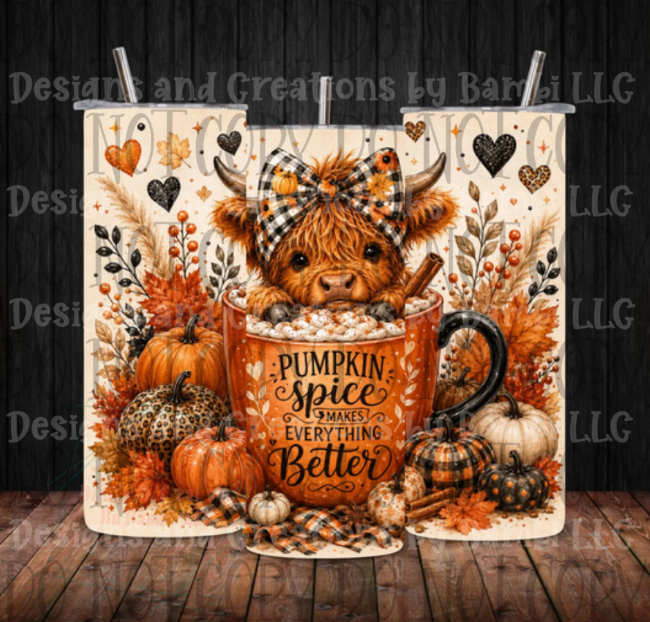 Highland Cow Pumpkin Spice 20oz Skinny Sublimation Tumbler