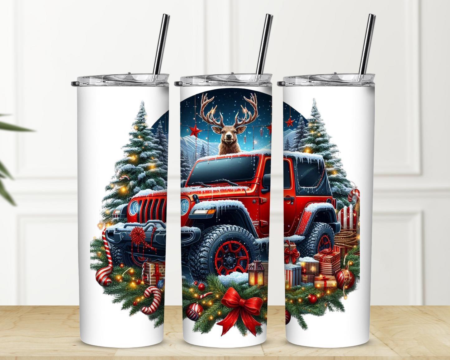 Jeep Deer Christmas 20 oz Skinny Sublimation Tumbler