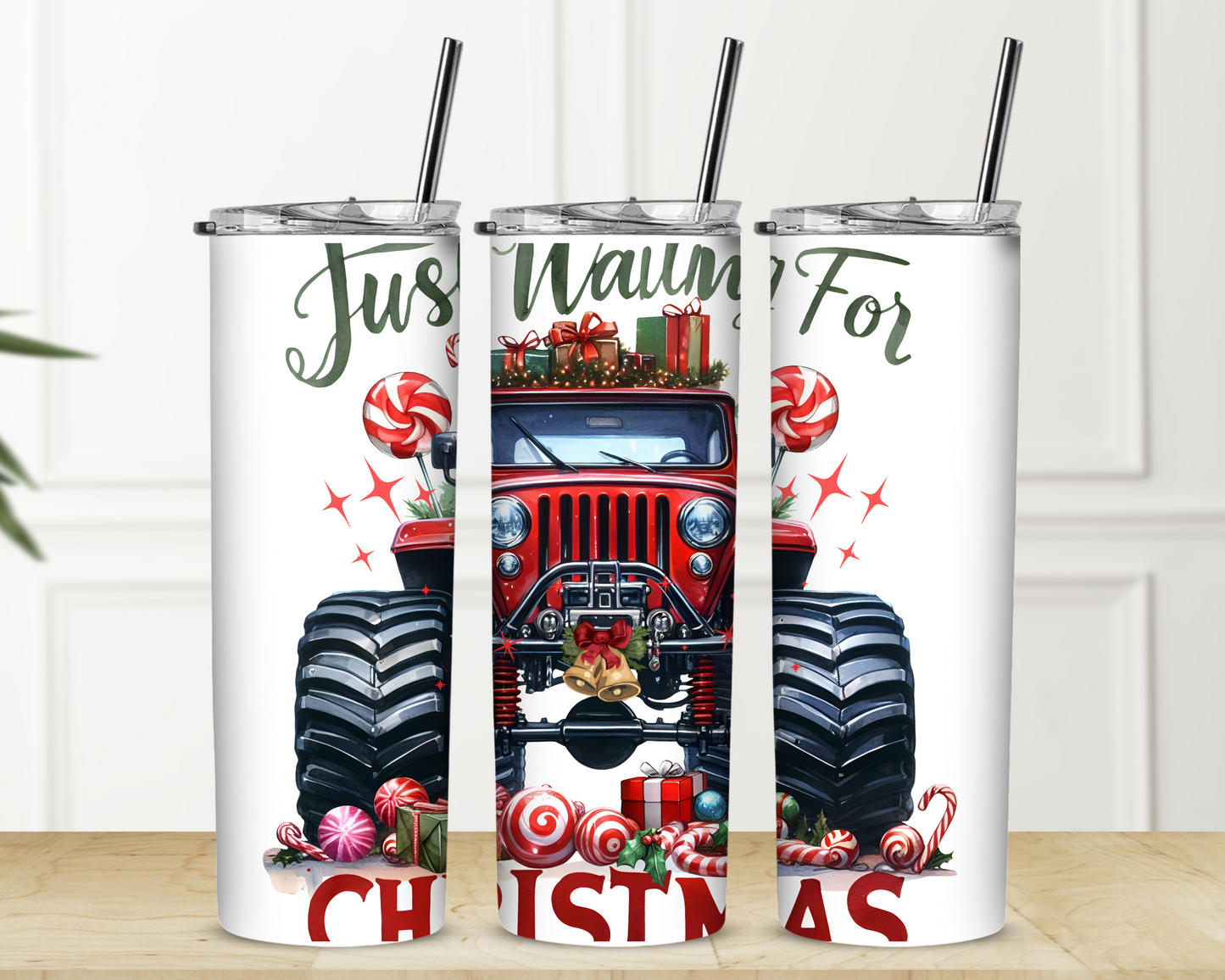 Just Waiting for Christmas Jeep 20 oz Skinny Sublimation Tumbler