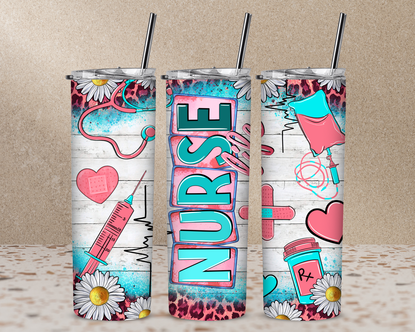 Pink with Daisies Nurse Life 20 oz Skinny Sublimation Tumbler