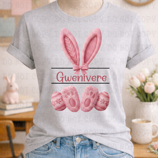 Faux Yarn Pink Bunny Personalized with Giraffe Highlight Font