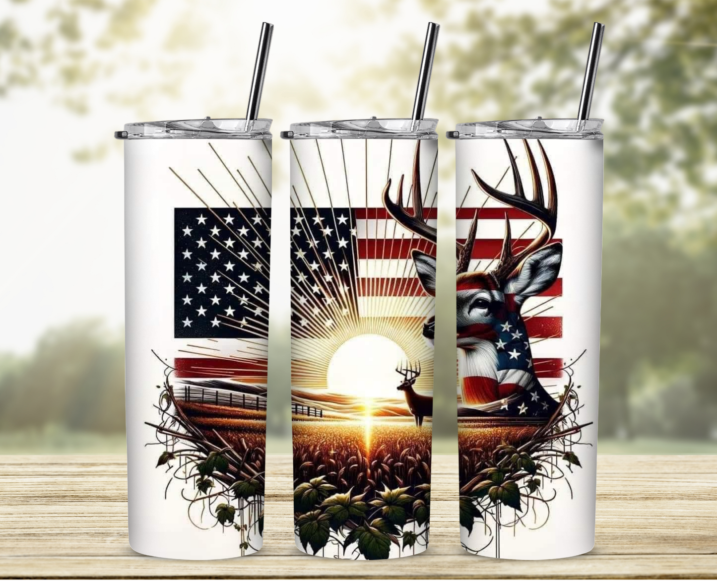 Patriotic Deer and Flag 20 oz Skinny Sublimation Tumbler