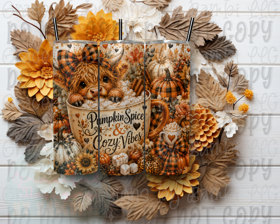Pumpkin Spice Cozy Vibes Highland Cow 20oz Skinny Sublimation Tumbler