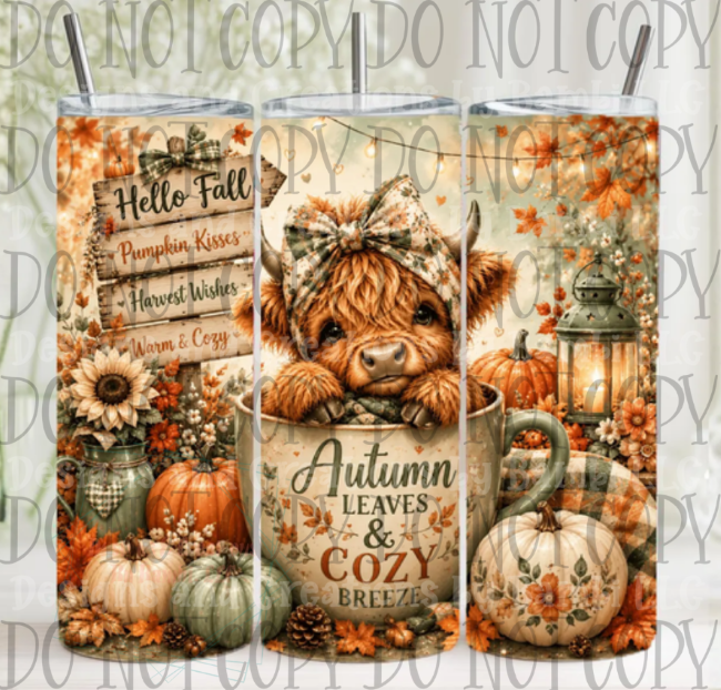 Pumpkin Spice Highland Cow 20oz Skinny Sublimation Tumbler