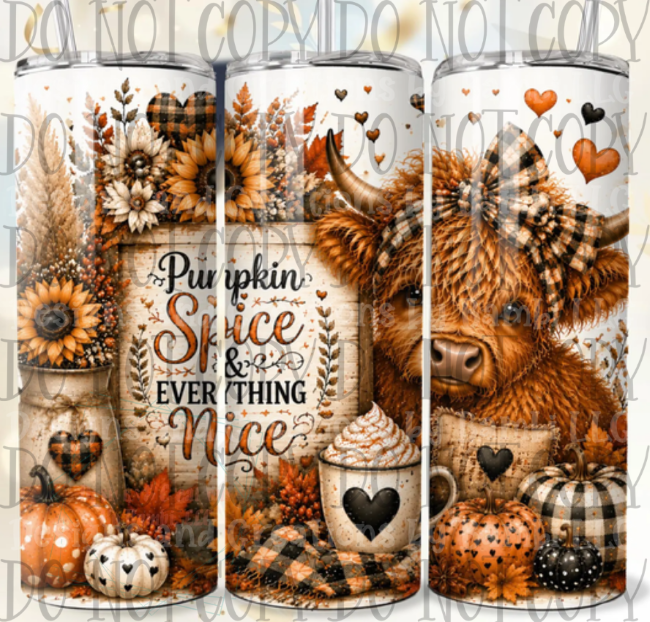 Pumpkin Spice and Everything Nice Highland Cow 20oz Skinny Sublimation Tumbler