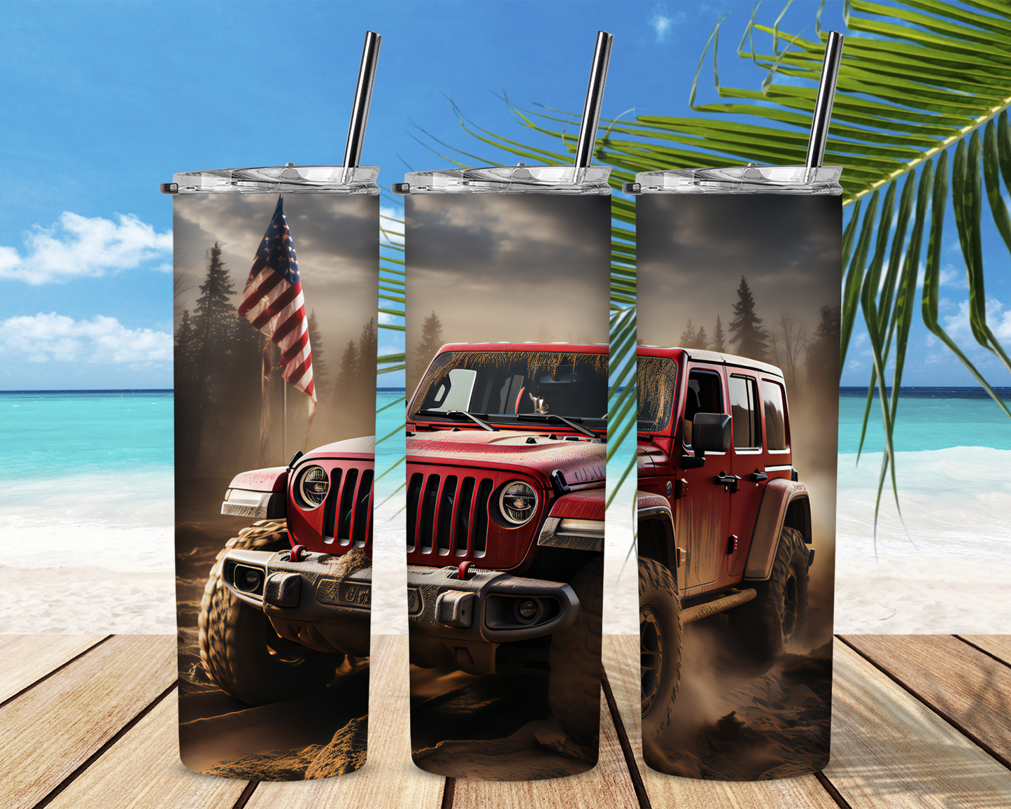Red Jeep Wrangler with Flag 20 oz Skinny Sublimation Tumbler