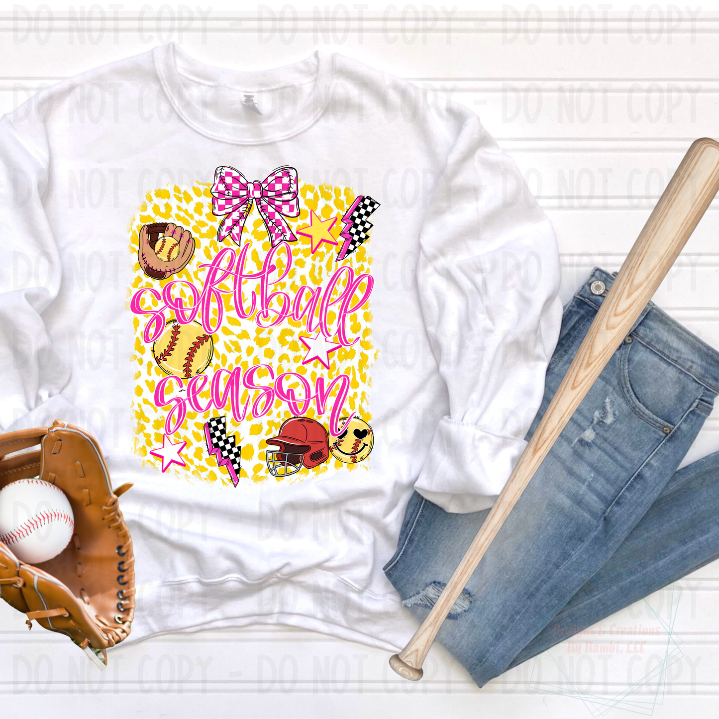 Softball Season Pink Font with Yellow Leopard Background