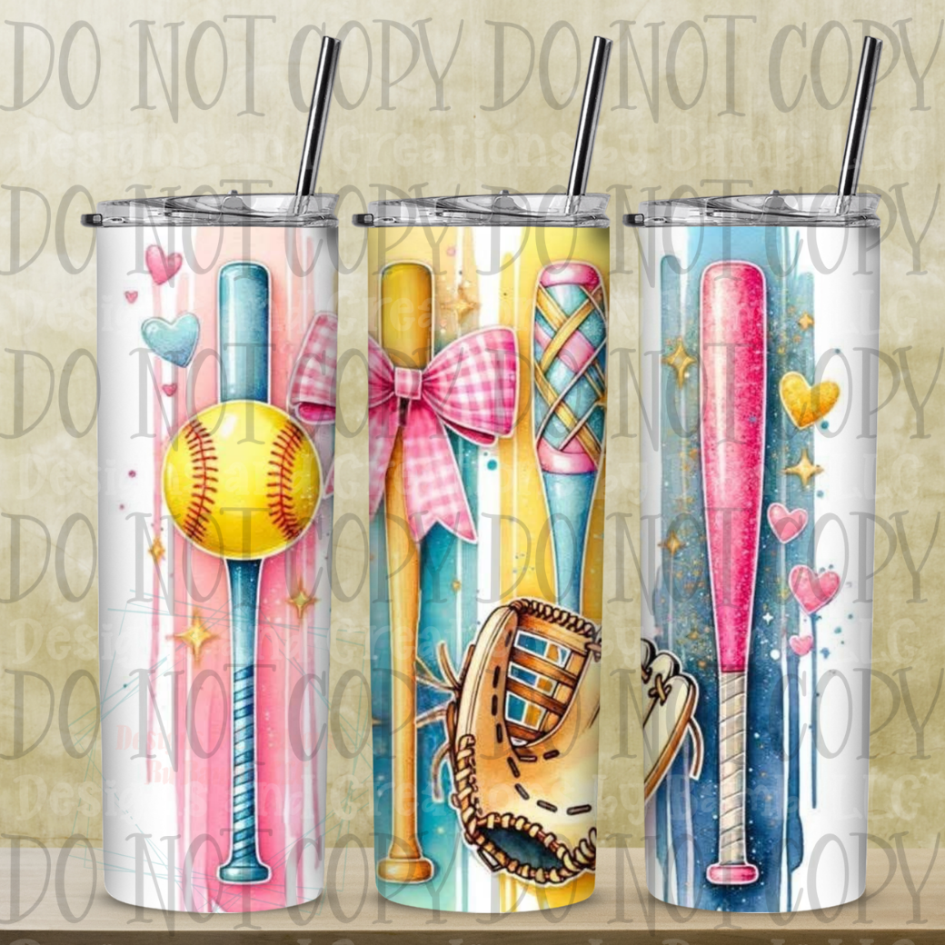 20oz Sublimation Softball, Bats, and Glove Pastel 20 oz Skinny Sublimation Tumbler