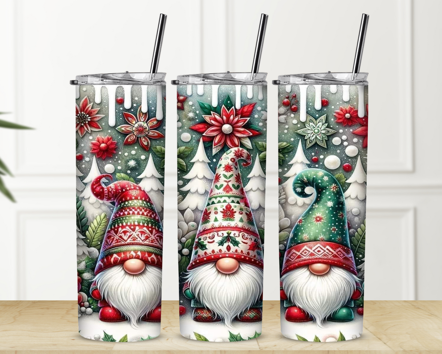 Trio of Christmas Gnomes with Sweater 20 oz Skinny Sublimation Tumbler