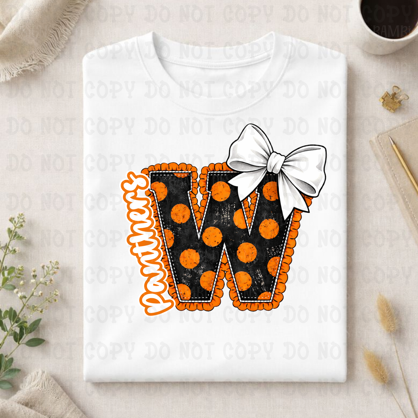 Large Black with Orange Polka Dots W with Panthers in White Font/Orange Outline