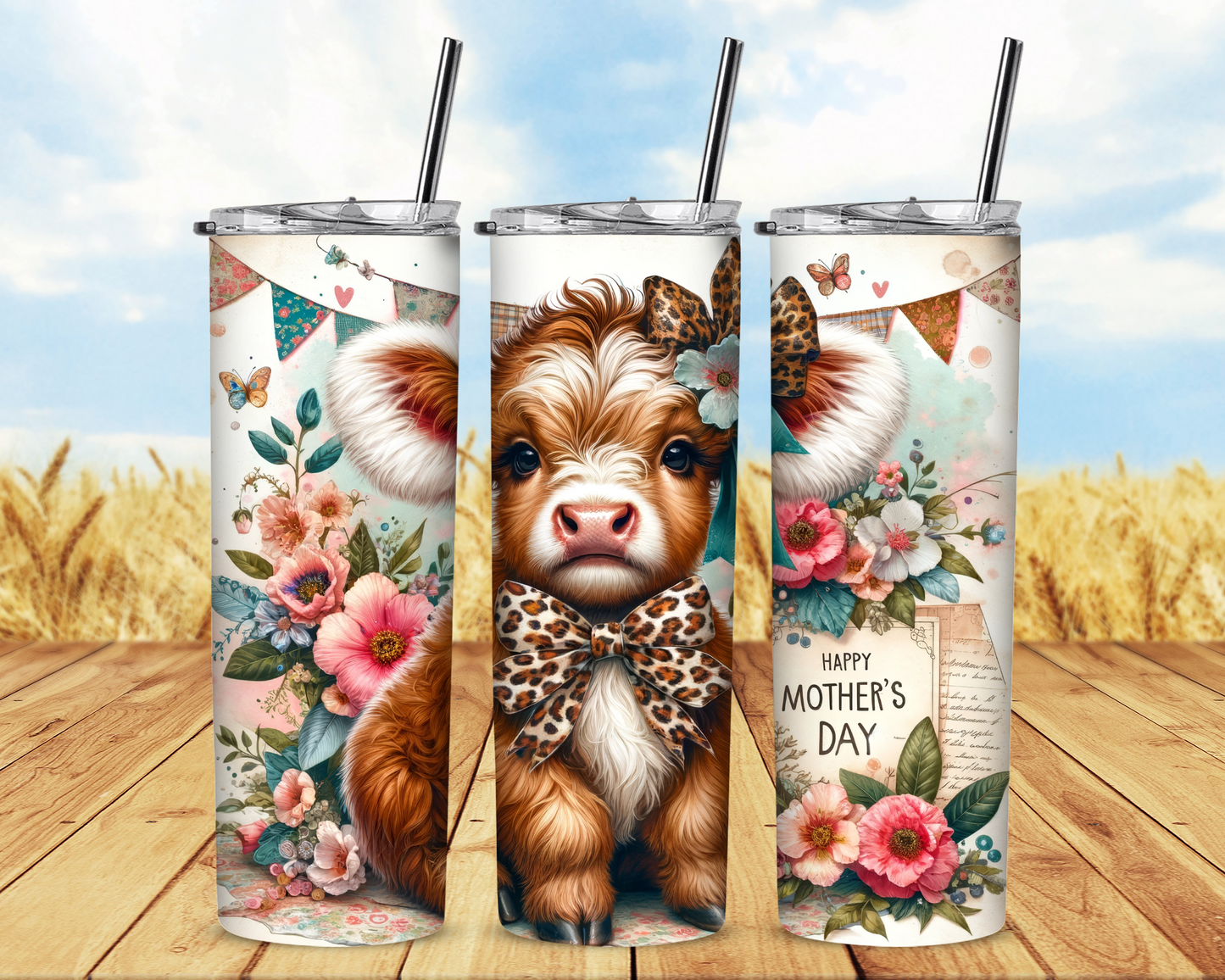 White and Brown Happy Mother's Day Highland Cow 20 oz Skinny Sublimation Tumbler