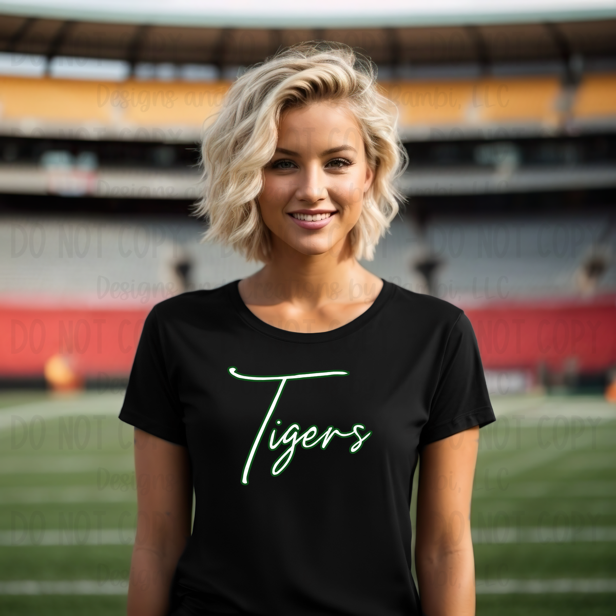 Neches Tigers Script White with Green Outline