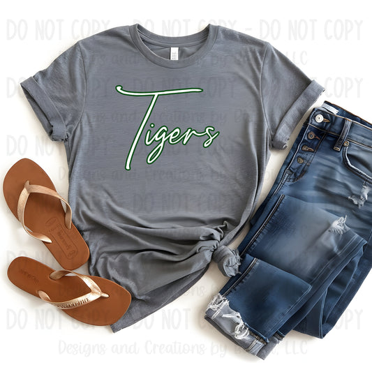 Latexo Tigers Scripts White with Green Outline
