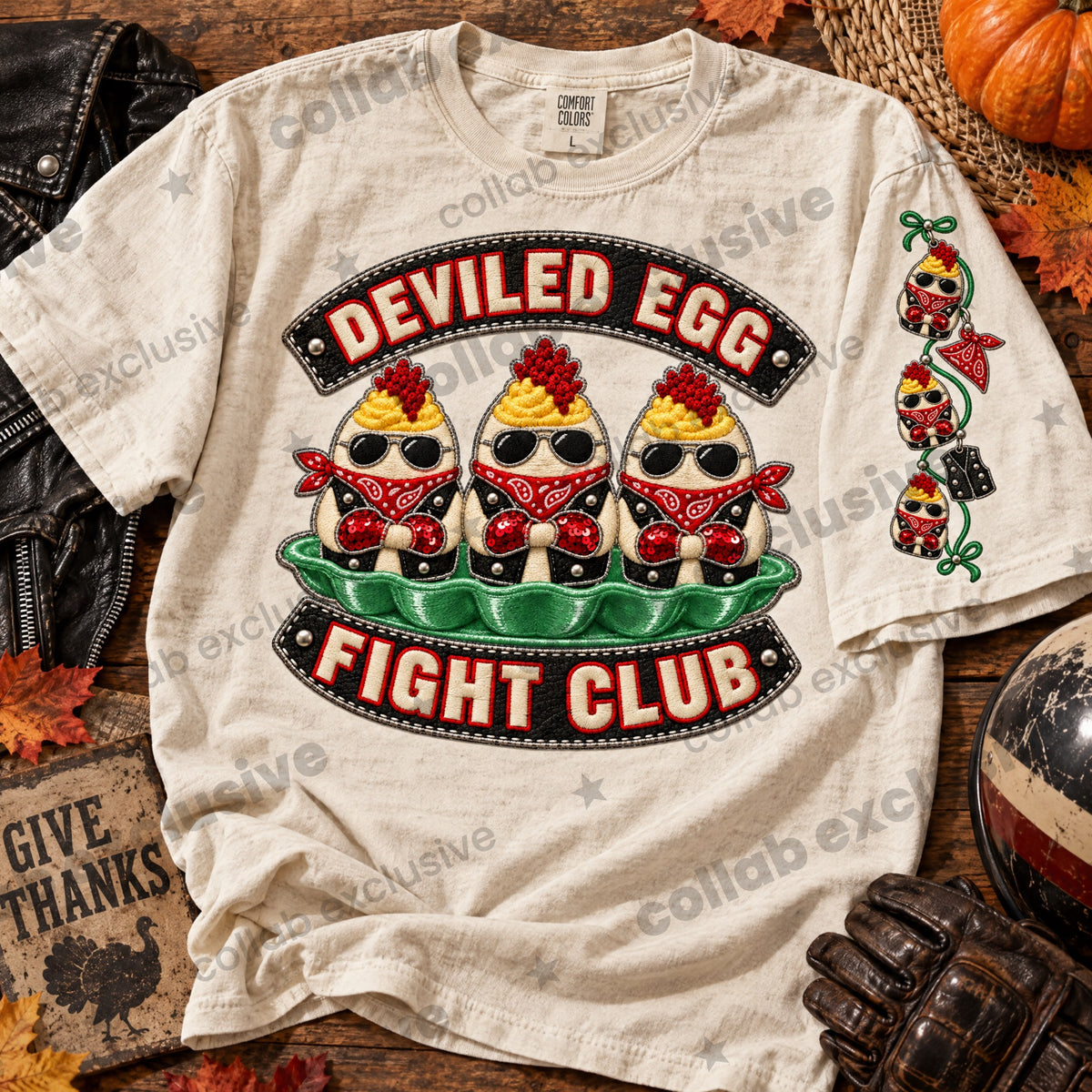 Faux Embroidered Deviled Egg Fight Club (Front/Sleeve)