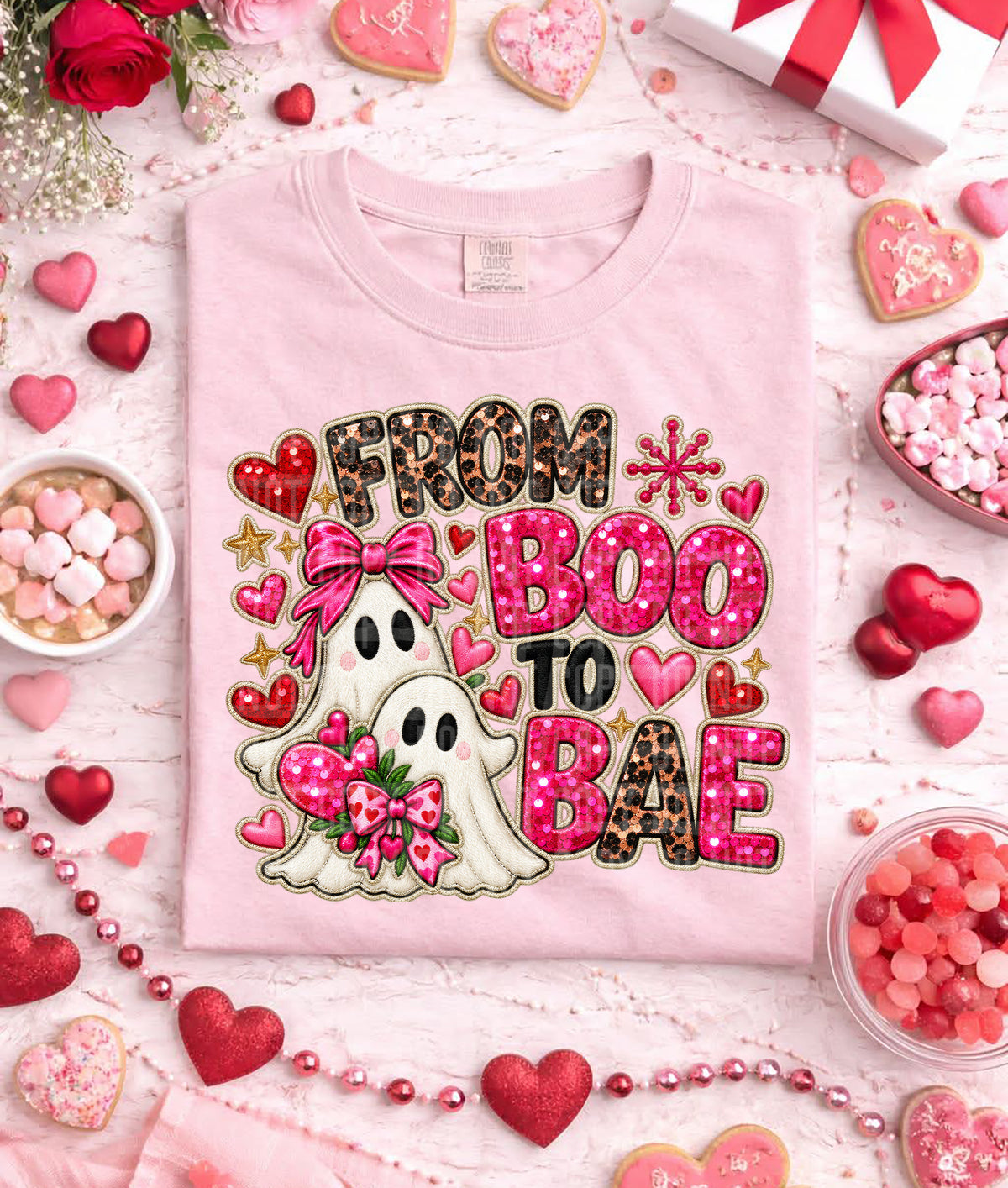 Faux Sequin From Boo to Bae with Ghosts Pink/Leopard