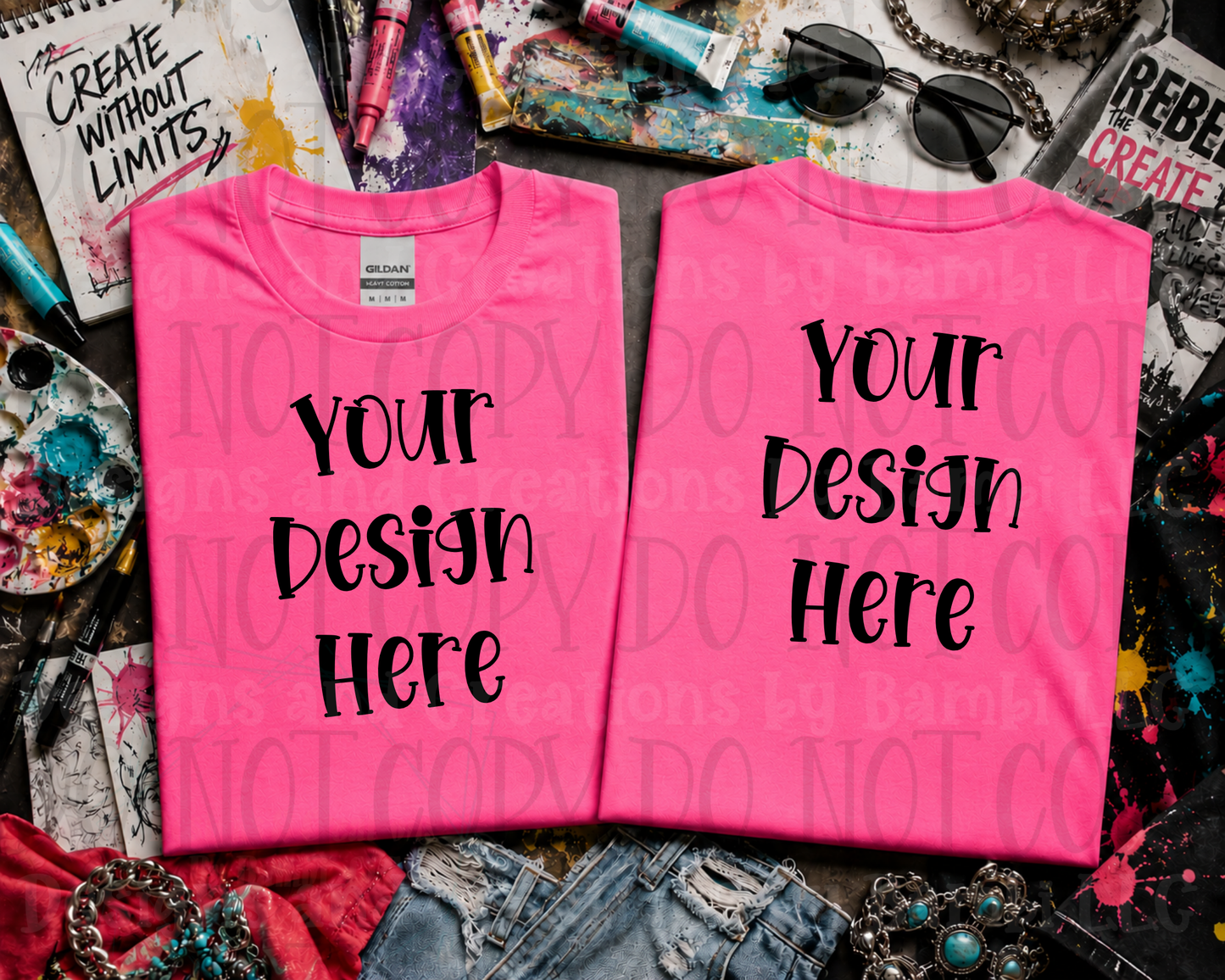 Wild Art Flat Lay Front and Back Apparel Mock Ups (Comfort Color and Gildan Brand)